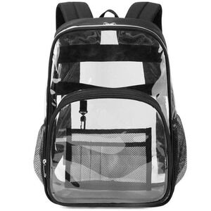 Clear Heavy Duty PVC Backpack Stadium Approved School Security Bag Black Trim